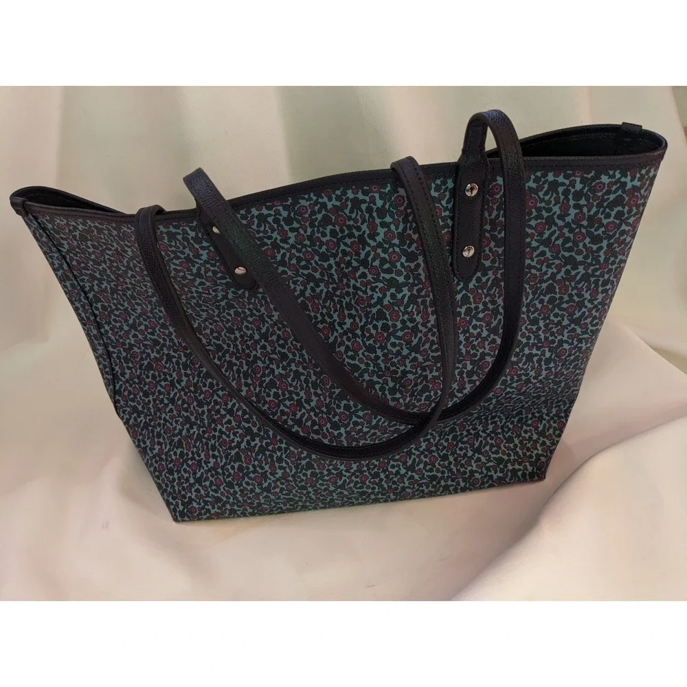 Coach City Tote Teal Burgundy Floral Crossgrain Leather Shoulder Bag F38231